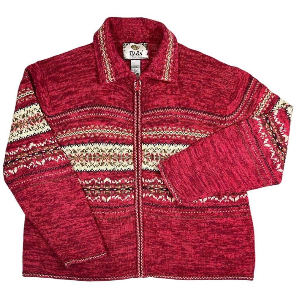Tiara Fair Isle Knit Zip Cardigan Sweater XL - Vintage Y2K